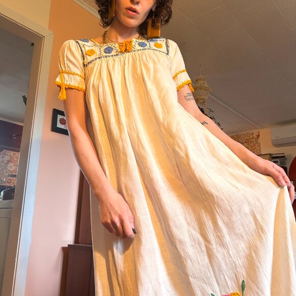 1960s Hippie Hand embroidered crochet edge polycotton Prairie scandinavian maxi - Picture 7 of 14